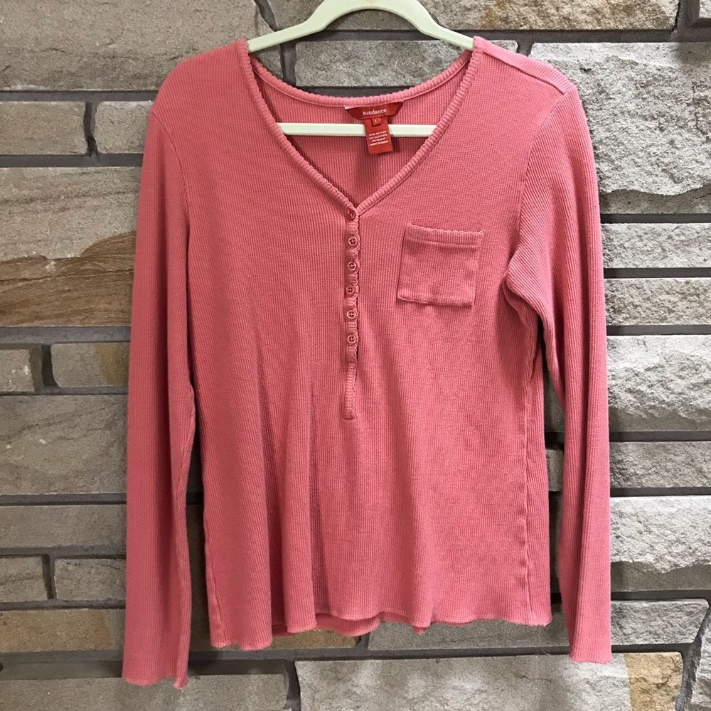 Sundance Waffle Knit Thermal Pocket Henley Long Sleeve Top Large Coral Cotton